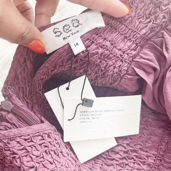 Sea New York Simona Women's Puff‎ Sleeve Smocked Dress in Merlot Size 14 - Picture 4 of 5